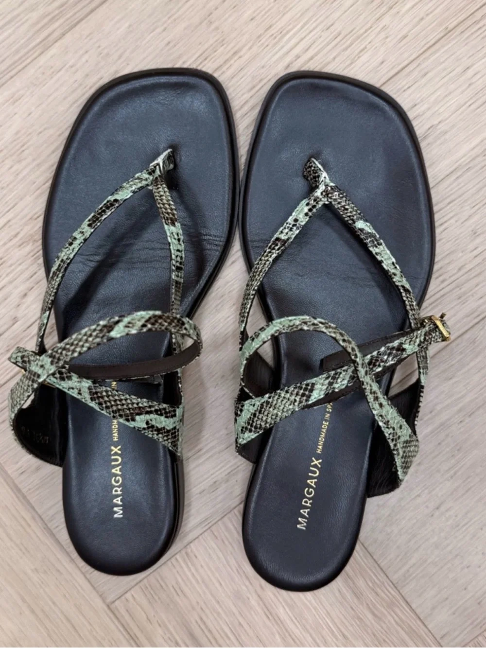 Margaux Black Sandals with Green Snake-Print Straps